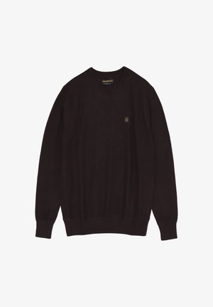 Maglione marrone scuro realizzato in materiale morbido, con scollo rotondo e maniche lunghe. Include una piccola toppa con logo sul petto.