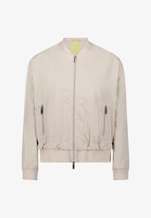 Jasny beżowy bomber z przednim zamkiem błyskawicznym, dwoma kieszeniami na zamek, elastycznymi mankietami i pasem w talii.