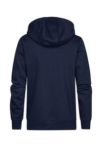 Hanorac cu glugă de culoare albastru marin, cu mâneci lungi, manșete și tiv cu nervuri. Textură de țesătură netedă, cu o glugă rotunjită și un design pe spate.