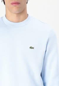 Lys blå crewneck sweatshirt laget av glatt bomull med ribbet halslinning. Har en liten grønn brodert krokodillelogo.