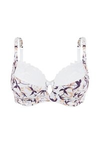 Soutien-gorge à motif floral dans des tons violets et beiges, avec une bordure en dentelle blanche et des bretelles ajustables. Comprend un détail en nœud au centre.