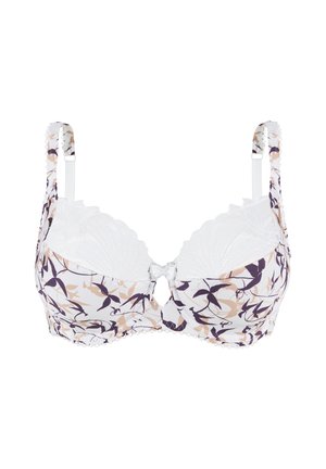 Soutien-gorge à motif floral dans des tons violets et beiges, avec une bordure en dentelle blanche et des bretelles ajustables. Comprend un détail en nœud au centre.