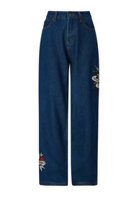 Dark blue wide-leg denim jeans featuring embroidered apple and banner design with the text "True to Yourself" on the left leg.