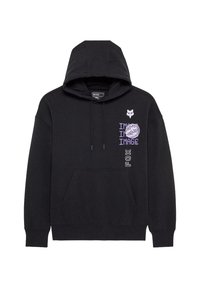 Sudadera negra con capucha que incluye un bolsillo frontal, cordón ajustable en la capucha y texto gráfico y logo en púrpura y blanco en el pecho.