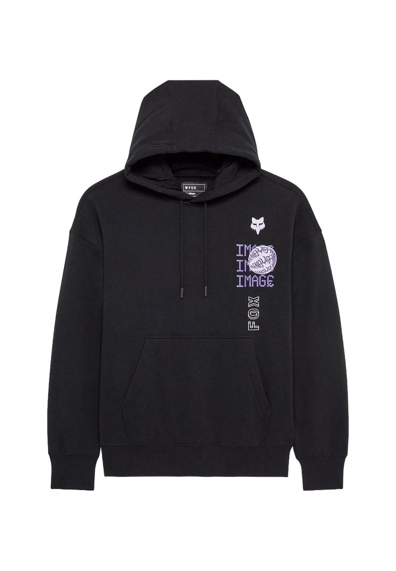 Sudadera negra con capucha que incluye un bolsillo frontal, cordón ajustable en la capucha y texto gráfico y logo en púrpura y blanco en el pecho.