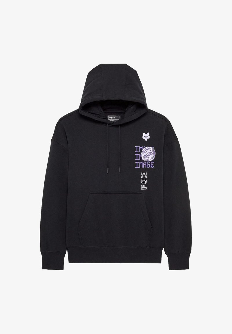 Sudadera negra con capucha que incluye un bolsillo frontal, cordón ajustable en la capucha y texto gráfico y logo en púrpura y blanco en el pecho.
