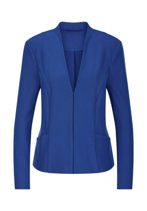 Blauer Damenblazer mit langen Ärmeln, offenem Vorderteil, strukturierten Schultern und Vordertaschen.