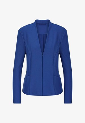 Blazer bleu pour femmes à manches longues, ouvert à l'avant, épaules structurées et poches avant.