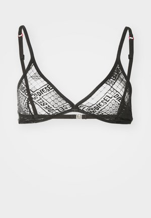 Bralette in pizzo nero con coppe triangolari, caratterizzato da un motivo geometrico stampato e spalline regolabili. Include chiusura con gancio metallico.