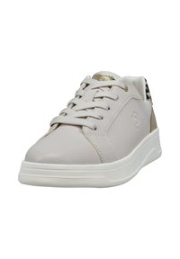 Light beige athletic shoes made of smooth leather, featuring gold accents, a textured white sole, and a leopard print detail on the heel.