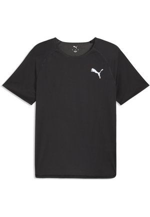Camiseta deportiva negra de manga corta hecha de tela texturizada, con un logo blanco de Puma en el pecho izquierdo y un escote redondo.