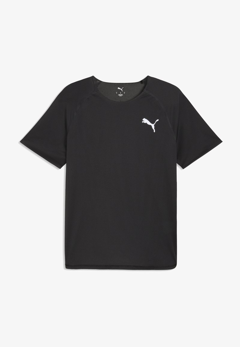 T-shirt noir à manches courtes en tissu texturé, avec un logo Puma blanc sur la poitrine gauche et un col rond.