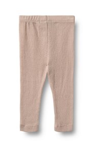 Lichte beige leggings gemaakt van gemêleerd stof, met een elastische tailleband en taps toelopende benen zonder verdere versieringen.