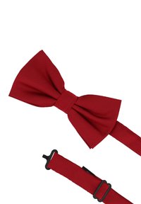 Rote Fliege aus strukturiertem Stoff, mit klassischer Form und einfarbigem Design, befestigt an einem verstellbaren Band mit schwarzem Verschluss.
