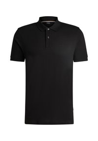 Black short-sleeve polo shirt made of smooth fabric, featuring a collared neck, three-button placket, and a subtle logo on the chest.