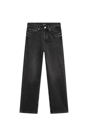 Zwarte denim jeans met een hoge taille, wijde pijpen, vijf zakken en metalen hardware. Soepele textuur met subtiele vervaging op de stof.