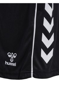 Bermudas deportivas negras de poliéster, con patrones en forma de chevrón blancos a los lados y un logo impreso en la parte inferior.