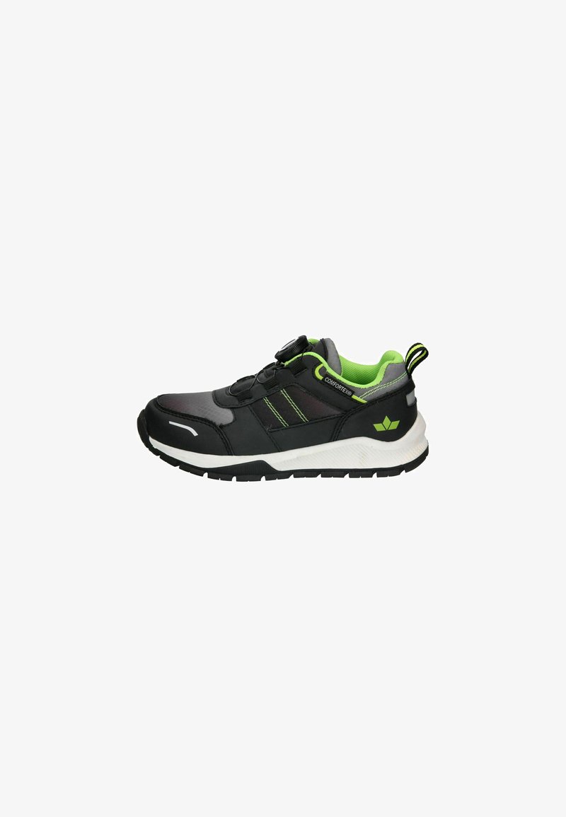 Schwarzer Sportschuh mit grünen Akzenten, ausgestattet mit einem strukturierten Lederoberteil, einer robusten Gummisohle und einem Drehverschluss-System.