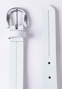 White leather belt with a silver metal buckle, featuring a smooth texture, straight edges, and evenly spaced holes along one side.
