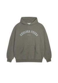 Felpa con cappuccio verde oliva con tasca frontale, decorata con testo "CHELSEA PEERS" in bianco a arco. Tessuto morbido, vestibilità comoda.