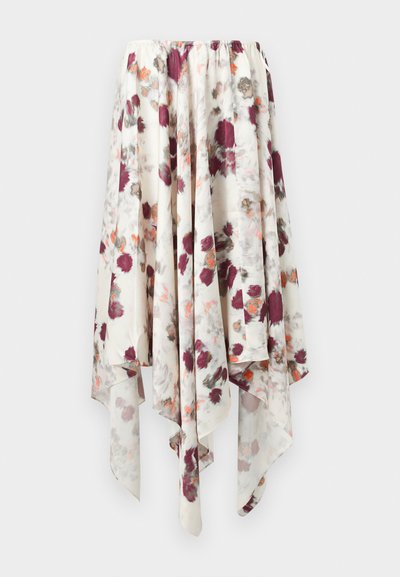 Balta kabatas svārki ar maroon, pelēkiem un oranžiem akvareļa ziedu rakstiem, kas aprīkoti ar elastīgu jostasvietu.