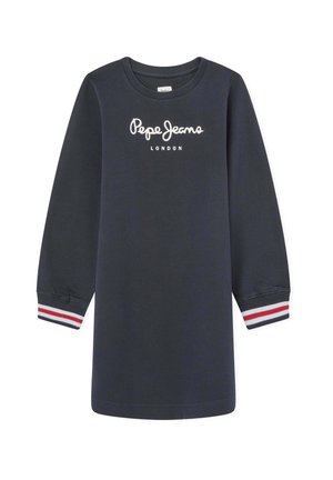 Mørkeblå kjole med lange ærmer med ribkanter med røde, hvide og blå striber og "Pepe Jeans London"-logo på brystet.