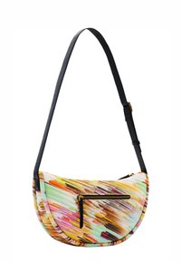 Beuteltasche im Hobo-Stil, gefertigt aus einem mehrfarbigen gewebten Stoff mit einem gemusterten Design. Schwarzer verstellbarer Schultergurt und eine vordere Reißverschluss-Tasche.