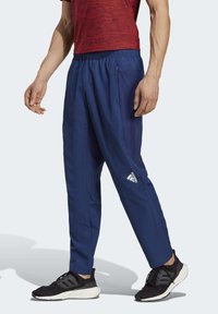 Marineblauwe sportbroek gemaakt van lichtgewicht materiaal, met een elastische tailleband, zijzakken en een wit logo op het linkerpijp.