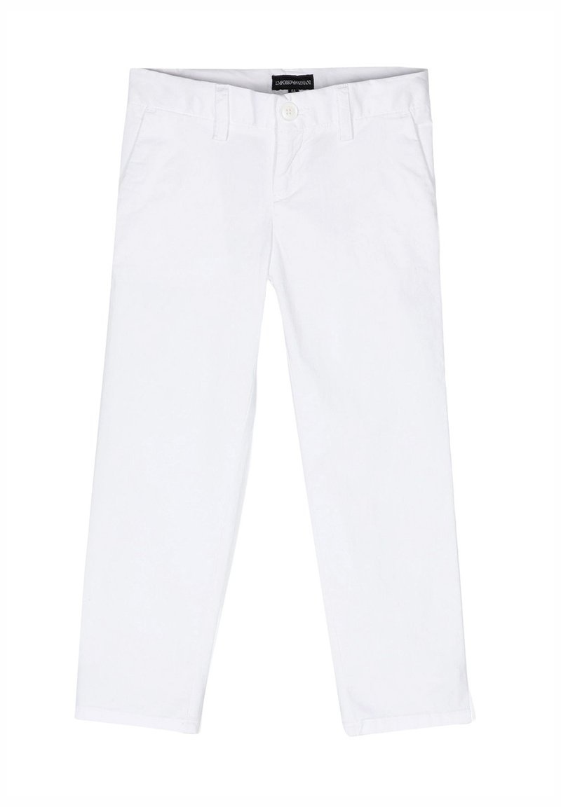 Pantaloni bianchi in cotone con design a gamba dritta, dotati di chiusura frontale con bottone e passanti per cintura, texture liscia e senza motivi visibili.