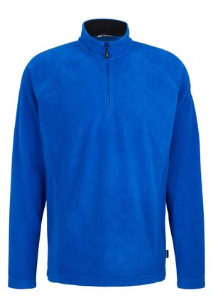 Pull en polaire bleu avec des manches longues, un col montant et une conception à demi-zip. Texture douce avec une finition lisse et uniforme.