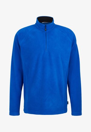 Pull en polaire bleu avec des manches longues, un col montant et une conception à demi-zip. Texture douce avec une finition lisse et uniforme.