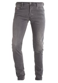 Grå denimjeans med slim fit, med femficksdesign, subtila blekningar och metallknappsstängning. Minimalistisk stil utan synliga mönster.