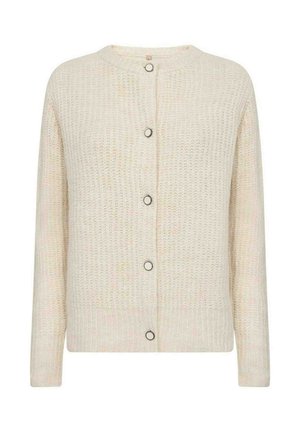 Cárdigan de punto color beige claro con cuello redondo, cinco botones metálicos y dobladillo acanalado. La tela texturada ofrece una apariencia acogedora.