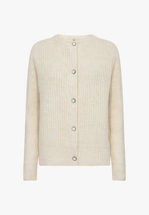 Helles beige gestricktes Cardigan mit Rundhalsausschnitt, fünf Metallknöpfen und geripptem Saum. Das strukturierte Material verleiht einen gemütlichen Look.