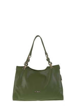 Sac fourre-tout en cuir vert avec une finition texturée, quincaillerie dorée, anses assorties et un logo centré sur le devant.