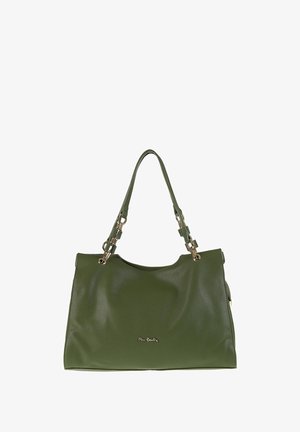 Borsa a tracolla verde in pelle con finitura texturizzata, hardware dorato, manici abbinati e logo centrato sul davanti.