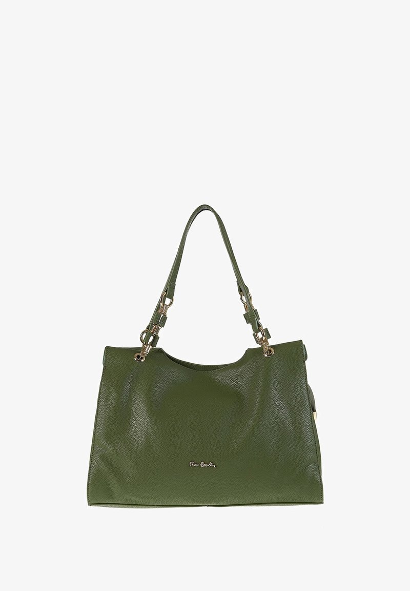 Groene leren totebag met een gestructureerd oppervlak, gouden hardware, bijpassende schouderbanden en een gecentreerd logo aan de voorkant.