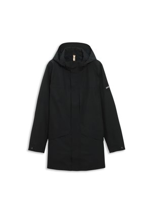 Schwarze wasserdichte Parkajacke mit Kapuze, ausgestattet mit einem Reißverschluss vorne, zwei großen Seitentaschen und einem Logo auf dem linken Ärmel.
