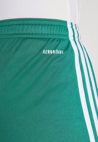 Grønne treningsshorts laget av glatt, elastisk stoff. Egenskaper inkluderer hvite detaljer, en tredelt design, og "AEROREADY" logo.