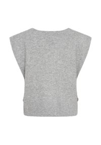 Gray short-sleeved sweater with a loose fit, featuring a ribbed hem and soft texture. Back view shows no notable patterns or hardware.