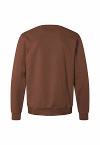 Sweat-shirt marron uni à manches longues avec poignets et ourlet côtelés, montré de dos sur un fond blanc.