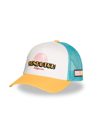 Casquette trucker blanche, jaune et bleu sarcelle avec le texte "VON DUTCH California" et un motif de palmier sur le devant, dos en mesh et patch "COOL SUMMER" sur le côté.
