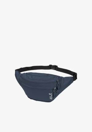 Sac banane compact bleu marine avec deux compartiments zippés et sangle noire réglable, arborant le logo Jack Wolfskin.