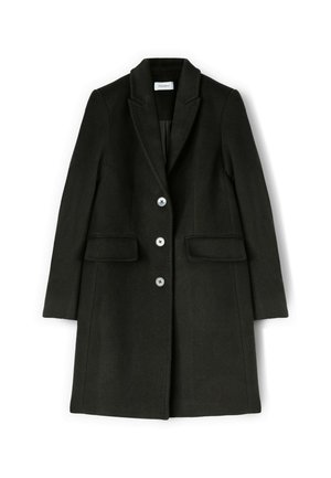 Black wool-blend coat with a sharp lapel, three front buttons, two side pockets, and a tailored fit. Soft texture with a smooth inner lining.
