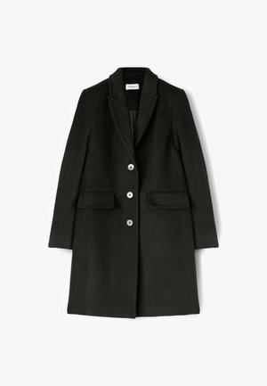 Schwarzer Wollmischmantel mit scharfem Revers, drei vorderen Knöpfen, zwei Seitentaschen und taillierter Passform. Weiche Textur mit glattem Innenfutter.
