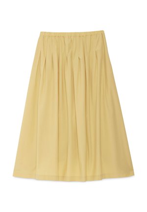 Light yellow pleated midi skirt with elastic waistband, made of soft, flowy fabric.