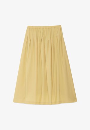 Light yellow pleated midi skirt with elastic waistband, made of soft, flowy fabric.