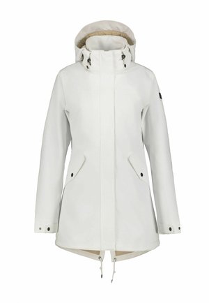 Weiße Winterjacke mit Kapuze, Frontreißverschluss, zwei Klappentaschen mit Knöpfen, verstellbaren Ärmeln und Kordelzügen am Saum.