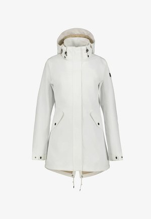 Weiße Winterjacke mit Kapuze, Frontreißverschluss, zwei Klappentaschen mit Knöpfen, verstellbaren Ärmeln und Kordelzügen am Saum.