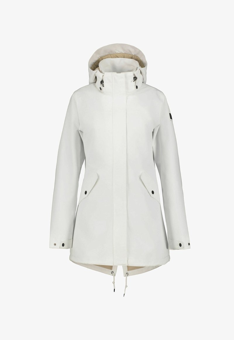 Veste d'hiver blanche à capuche avec fermeture éclair frontale, deux poches à rabat boutonnées, poignets réglables et cordons de serrage à l'ourlet.